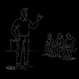 Line art image of a man, representing Alex Hormozi, passionately presenting his vision to gym owners.