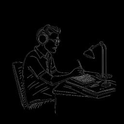 Line art image of a man, representing Alex Hormozi, engaging in activities like writing a book and podcasting, in a home setting.