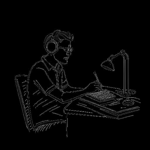 Line art image of a man, representing Alex Hormozi, engaging in activities like writing a book and podcasting, in a home setting.