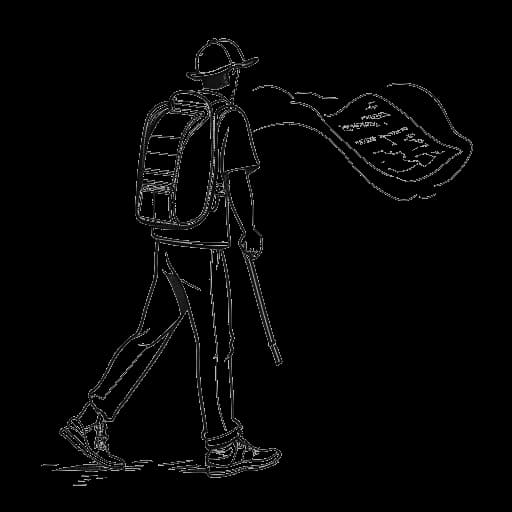 Dibujo de arte lineal de un hombre, que representa a Alex Hormozi, caminando con una mochila, pasando por un marcador de ruta etiquetado como '100 millas', y un mapa que muestra el plan original de 300 millas.