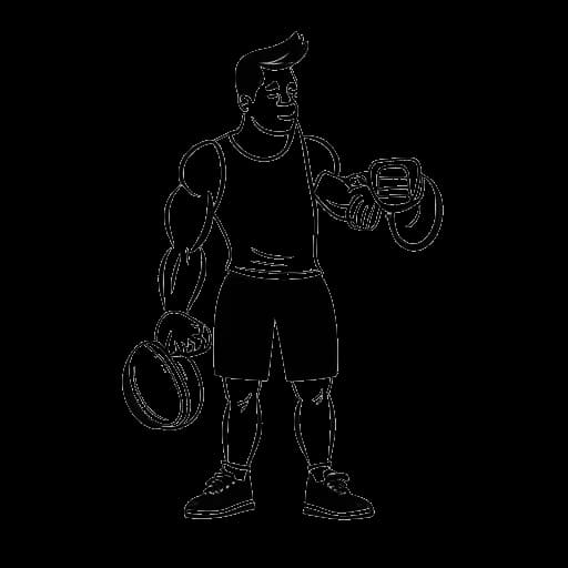 Dibujo de arte lineal de un hombre, que representa a Alex Hormozi, sosteniendo una bolsa de gimnasio llena de dinero, con una pesa descansando encima.