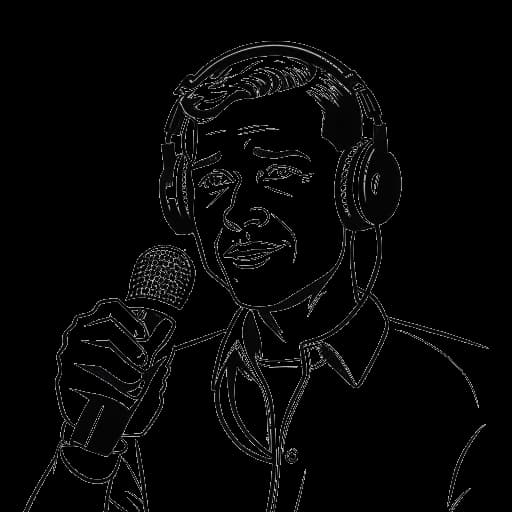 Dibujo de arte lineal de un hombre, que representa a Alex Hormozi, sosteniendo un micrófono, con auriculares y un logo de 'The Game Changer' visible en el fondo.