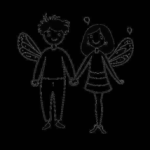 Dibujo de arte lineal de un hombre y una mujer, que representan a Alex Hormozi y Leila, tomados de la mano, con una abeja y un corazón posicionados entre ellos, simbolizando la aplicación Bumble.