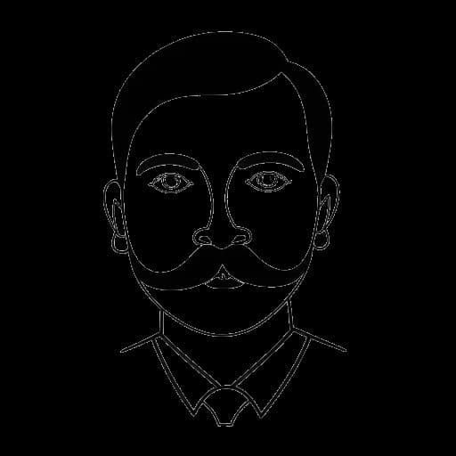 Dibujo de arte lineal de un hombre, que representa a Alex Hormozi, mostrado primero con bigote y luego sin él, con unas tijeras posicionadas entre las dos imágenes.