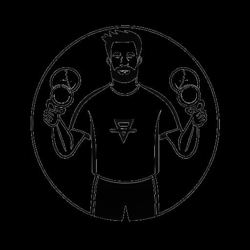 Dibujo de arte lineal de un hombre, que representa a Alex Hormozi, sosteniendo dos logotipos, uno de Prestige Labs y otro de Movement Apparel.