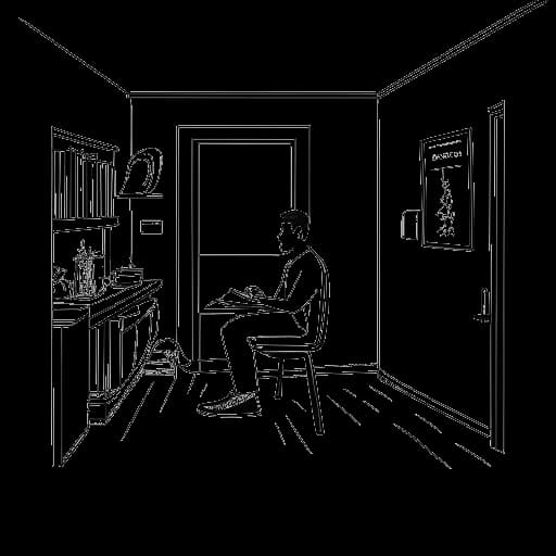 Dibujo de arte lineal de un hombre, que representa a Alex Hormozi, sentado en una habitación modesta que contiene una cama, un escritorio y algo de equipamiento de gimnasio.