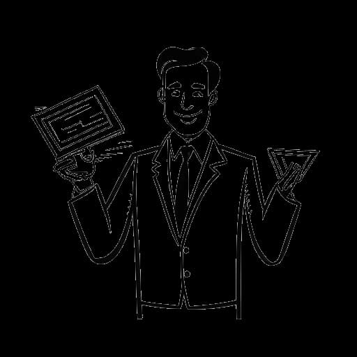 Dibujo de arte lineal de un hombre, que representa a Alex Hormozi, sosteniendo tres tarjetas de presentación, con un gráfico que ilustra el aumento de las ventas en el fondo.