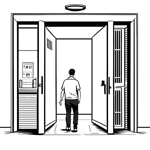 Dibujo de arte lineal de un hombre, que representa a Alex Hormozi, abriendo una puerta de gimnasio, con seis edificios de gimnasios visibles en el fondo.