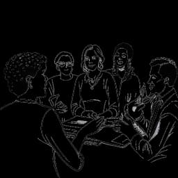 Strichzeichnung von Mirella Precek, die an einer politischen Diskussion mit einer vielfältigen Gruppe von Menschen teilnimmt.