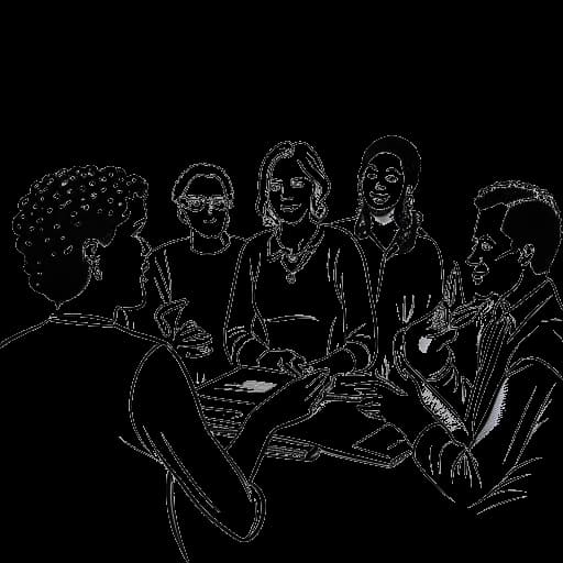 Strichzeichnung von Mirella Precek, die an einer politischen Diskussion mit einer vielfältigen Gruppe von Menschen teilnimmt.