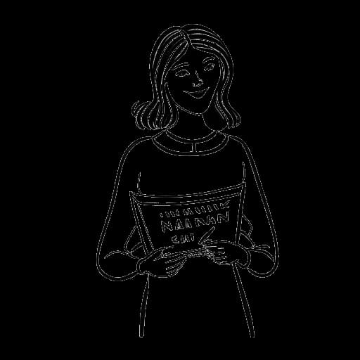 Strichzeichnung einer Frau, die ihr erstes Buch 'Kann man mal machen' hält, die Mirella Preceks Debüt als Autorin darstellt