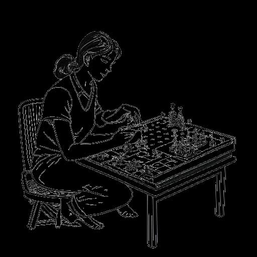 Strichzeichnung einer Frau, die zu Hause Brettspiele spielt, anstatt auszugehen, die Mirella Preceks Vorliebe für Spieleabende statt Clubbesuche darstellt