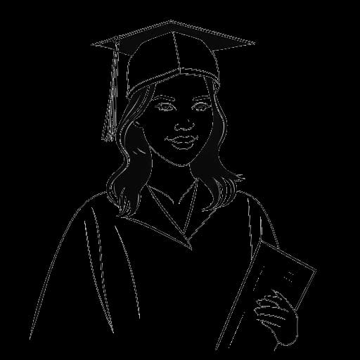 Strichzeichnung einer jungen Frau in einem Abschlusskappe und -gewand, die Mirella Preceks Abschluss in Betriebswirtschaft im Alter von 19 Jahren darstellt