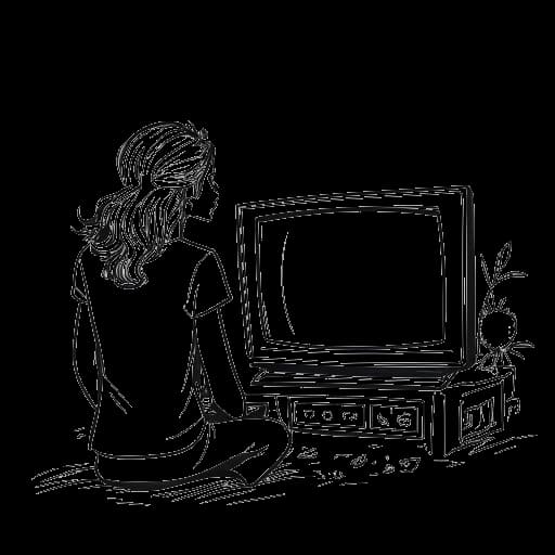 Strichzeichnung einer Frau, die Trash-TV schaut, insbesondere 'Are You the One', die Mirella Preceks heimliche Freude darstellt