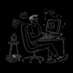 Desenho artístico de um homem, representando Ricky Berwick, mostrando alegria enquanto interage com uma plataforma de streaming e uma cadeira de jogos, simbolizando sua bem-sucedida presença online.