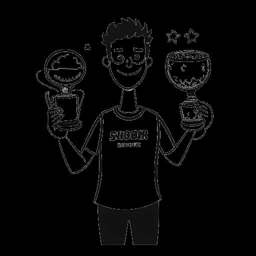 Line art drawing of Ricky Berwick holding a trophy, with two thought bubbles containing the logos of YouTube and Facebook and the text '1 million subscribers'.