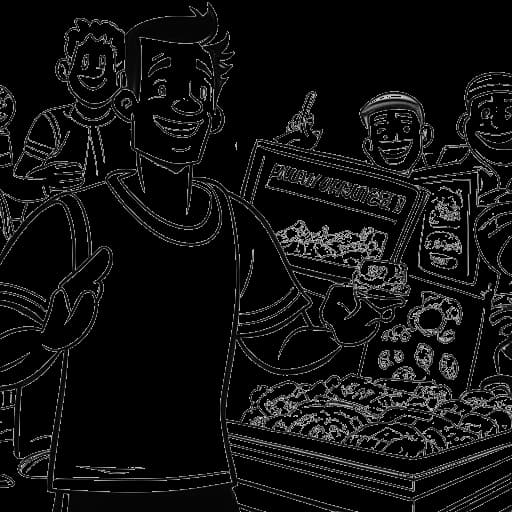 Line art drawing of Ricky Berwick holding a comic book, a happy meal, and a Reese's product, with animation characters in the background.
