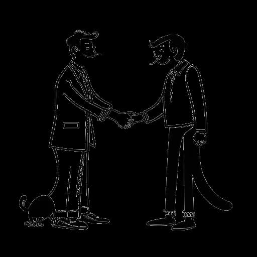 Line art drawing of Ricky Berwick and StinkyBlueRat shaking hands, with two cats sitting at their feet.