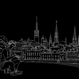 Strichzeichnung eines Mannes, der Philipp Laude darstellt, der seine Hobbys genießt, sich philanthropisch engagiert und vor bekannten Wahrzeichen aus Köln, Deutschland, abgebildet ist.