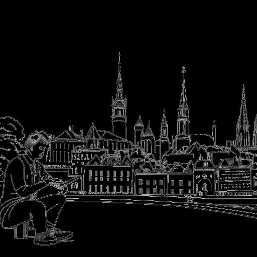 Strichzeichnung eines Mannes, der Philipp Laude darstellt, der seine Hobbys genießt, sich philanthropisch engagiert und vor bekannten Wahrzeichen aus Köln, Deutschland, abgebildet ist.