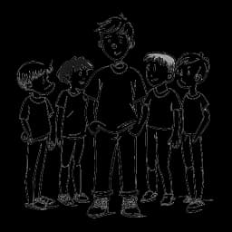 Strichzeichnung eines Jungen, der einen jungen Philipp Laude darstellt, der sich gegen mehrere Tyrannen stellt und in einer Theatergruppe Frieden findet.