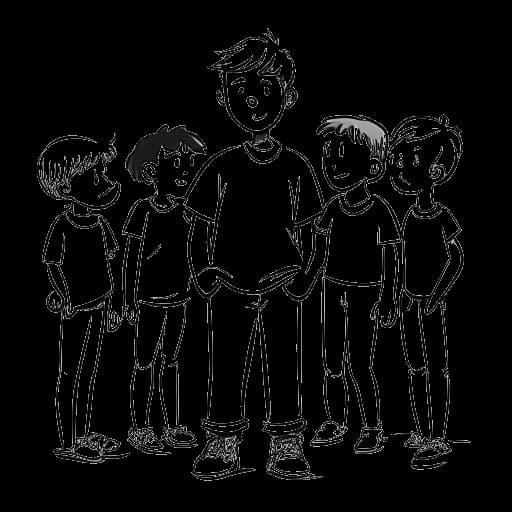 Strichzeichnung eines Jungen, der einen jungen Philipp Laude darstellt, der sich gegen mehrere Tyrannen stellt und in einer Theatergruppe Frieden findet.