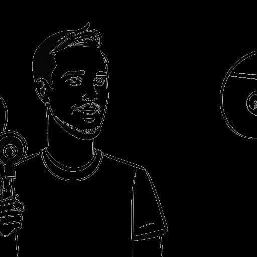 Strichzeichnung eines Mannes, der Phil Laude darstellt, steht zwischen zwei Hälften eines Hintergrunds, die verschiedene Aspekte seiner Karriere symbolisieren. Die linke Seite hebt seinen YouTube-Ruhm hervor, während die rechte Seite auf seine vielfältigen Schauspiel- und Stand-up-Comedy-Rollen hinweist. Alles gegen einen weißen Hintergrund.