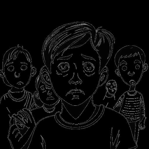 Strichzeichnung von Phil Laude als junger Junge, der Trost und Akzeptanz in der Theatergruppe findet, nachdem er in seiner Kindheit gemobbt wurde.