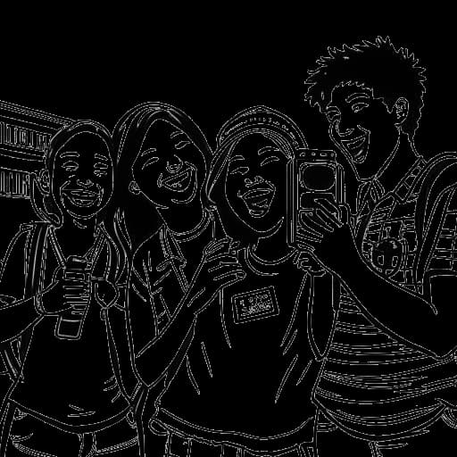 Strichzeichnung von Phil Laude und seinen Freunden, die während der Schulzeit ein Video drehen, was den Beginn seiner YouTube-Karriere darstellt.