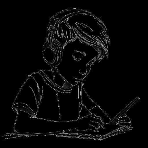 Line art drawing of a young boy, representing That Mexican OT, scribbling lyrics with headphones around his neck, showing focus and determination, against a white backdrop.