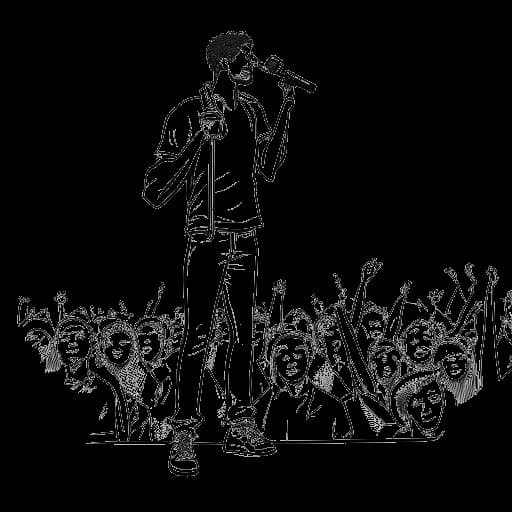 Line art drawing of a man, representing That Mexican OT, performing on stage with a microphone, emanating confidence, as a cheering crowd is depicted in the background, on a white backdrop.