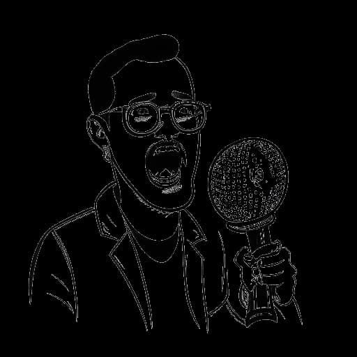 Lijntekening van een man, die That Mexican OT voorstelt, die een microfoon vasthoudt met comedymaskers en symbolen van The Invisible Masturbator en Los Federales op de achtergrond.