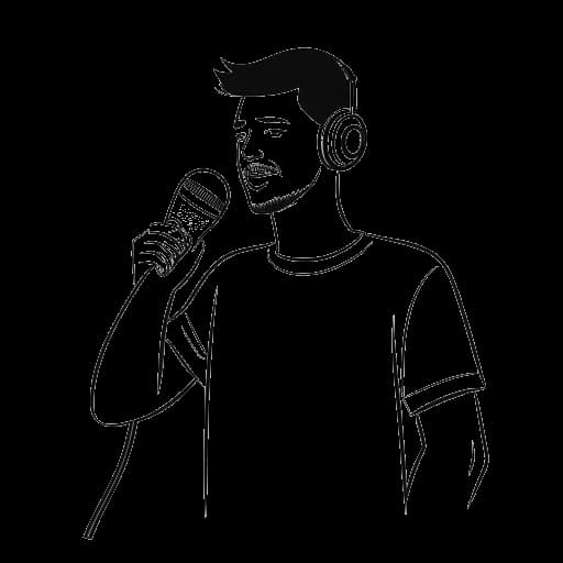 Lijntekening van een man, voorstellende That Mexican OT, die een microfoon vasthoudt met YouTube- en Spotify-logo's op de achtergrond.