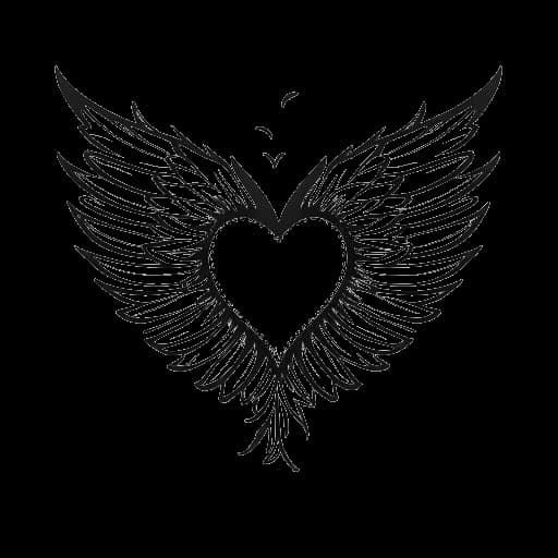 Lijntekening van een gebroken hart met een gevleugeld halo-symbool, dat het verlies van OT's moeder voorstelt.