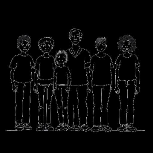 Lijntekening van twee jongens, voorstellende die Mexicaanse OT en zijn halfbroer, met hun uitgebreide familie op de achtergrond.