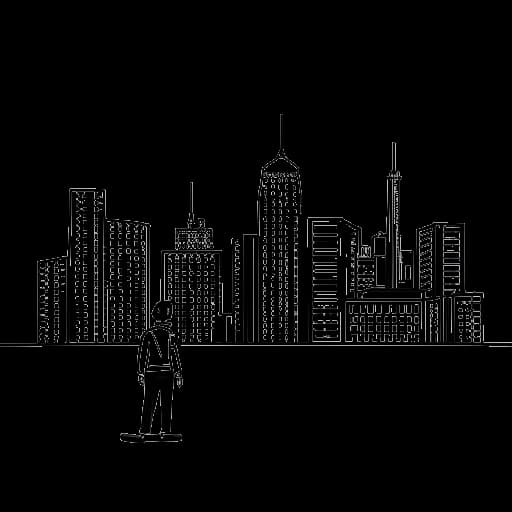 Lijntekening van een man die That Mexican OT voorstelt, lopend richting Austin met Stony Point High School op de achtergrond.