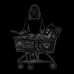 Um desenho de Stephanie Soo com um carrinho de compras cheio de mercadorias, mostrando seus empreendimentos empresariais.