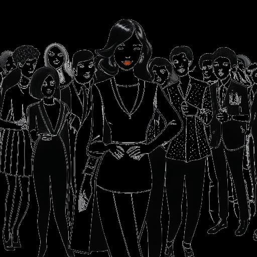 Lijntekening van Stephanie Soo op een verkleedfeest, gekleed in het zwart, met andere feestgangers in kostuums om haar heen