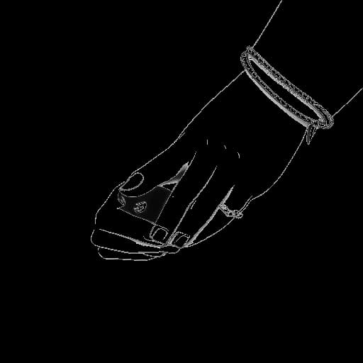 Lijntekening van Stephanie Soo en Rui Qian die elkaars hand vasthouden, met een diamanten ring aan Stephanie's vinger