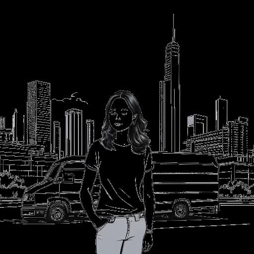 Lijntekening van Stephanie Soo die voor de skyline van Atlanta staat, met een verhuiswagen op de achtergrond