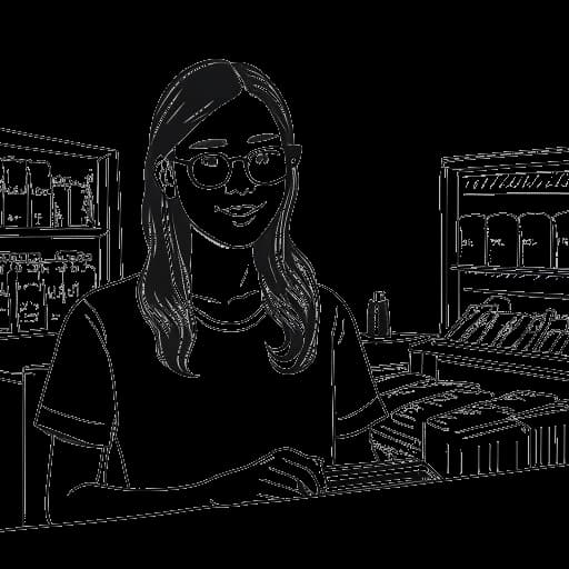 Lijntekening van Stephanie Soo die in een winkel werkt, met een YouTube-logo op de achtergrond