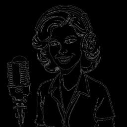 Representación en arte lineal de una mujer, simbolizando a Bunnie DeFord, en un set de grabación de podcast con un micrófono y cámara, y un logo de 'Dumb Blonde Productions' visible en una pantalla, todo contra un fondo blanco.