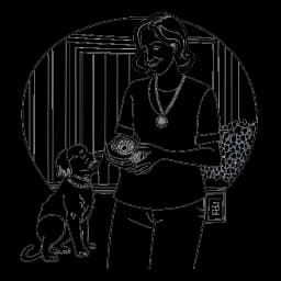 Una ilustración de una mujer, significando a Bunnie DeFord, con un medallón de sobriedad en la mano y un perro a su lado, representando su compromiso con la familia y el bienestar animal, dentro de un entorno hogareño, contra un fondo blanco.