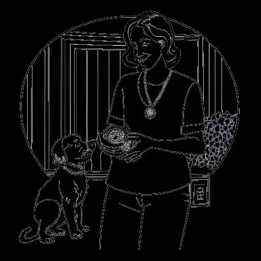 Una ilustración de una mujer, significando a Bunnie DeFord, con un medallón de sobriedad en la mano y un perro a su lado, representando su compromiso con la familia y el bienestar animal, dentro de un entorno hogareño, contra un fondo blanco.