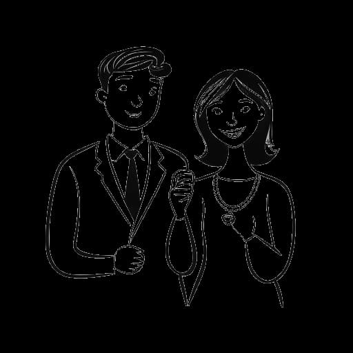 Lijntekening van een man en een vrouw die een huissleutel vasthouden, voor Bunnie Xo en Jelly Roll.