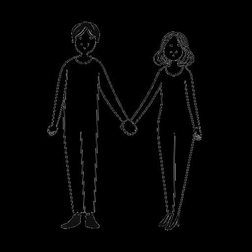 Lijntekening van een man en een vrouw die elkaars hand vasthouden, voor Bunnie Xo en Jelly Roll.