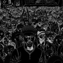 Lijntekening van Blueface staand te midden van een menigte fans, omringd door billboards, grafieken en prijzen. De afbeelding staat voor zijn opkomst tot roem en mainstream succes.