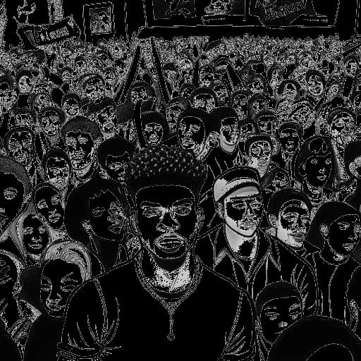 Lijntekening van Blueface staand te midden van een menigte fans, omringd door billboards, grafieken en prijzen. De afbeelding staat voor zijn opkomst tot roem en mainstream succes.