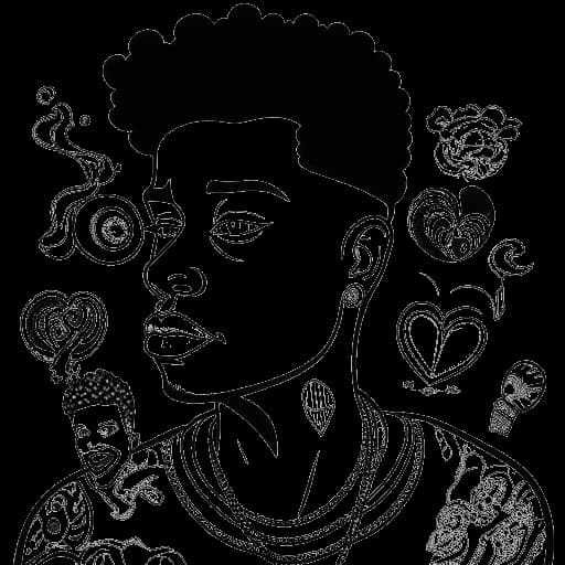 Lijntekening van Blueface die persoonlijke uitdagingen en kritieken vertegenwoordigt, gesymboliseerd door vraagtekens, spreekballonnen en harten. De tekening toont zijn reis te midden van verschillende obstakels en controverses.