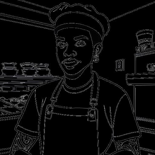 Lijntekening van Blueface met een chef-kokshoed en schort, staand voor zijn soulfood restaurant, Blue's Fish and Soul. Symbolen die zijn tv-show en professionele bokscarrière vertegenwoordigen, vergezellen de hoofdafbeelding. De tekening staat voor zijn ondernemingen buiten de muziek.